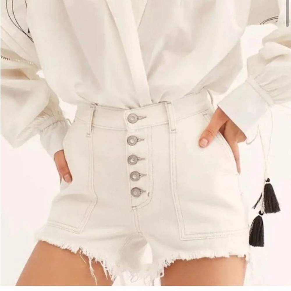 Free People Cream High Waist Denim Shorts